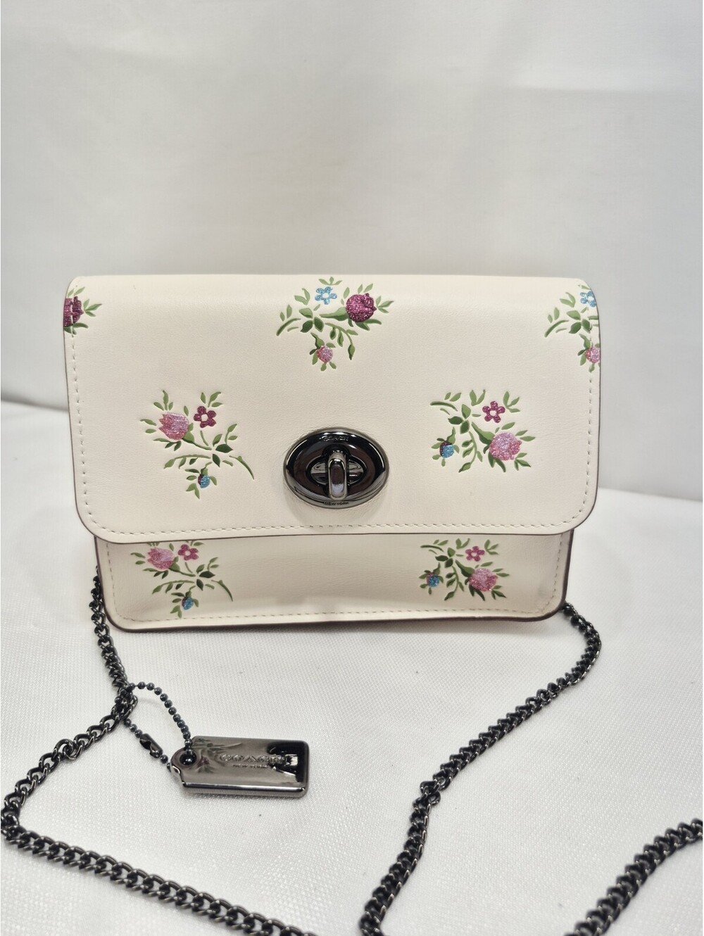 Coach Cross Stitch Glitter Floral Print Bowery Ivory Leather Small Purse 7"